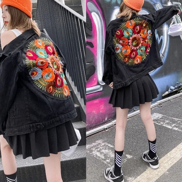 Black Denim Floral Embroidered Oversized Jacket - Picture 2 of 15